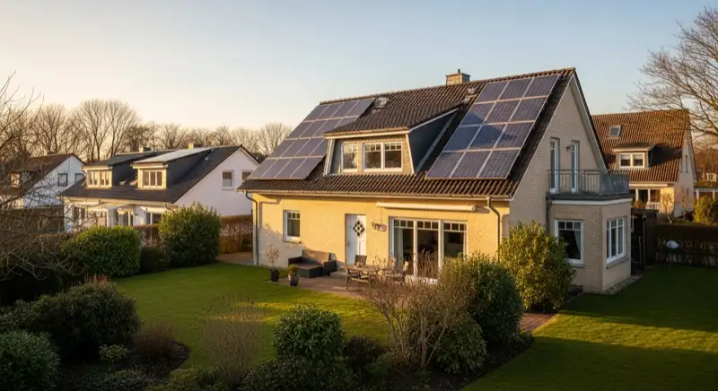 German detached house (Einfamilienhaus) with photovoltaic panels on pitched roof, well-maintained garden, warm afternoon sunlight
