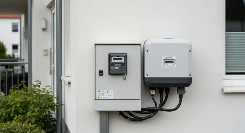 Modern German electrical meter cabinet (Zählerschrank) with smart meter and solar inverter connection, clean technical installation