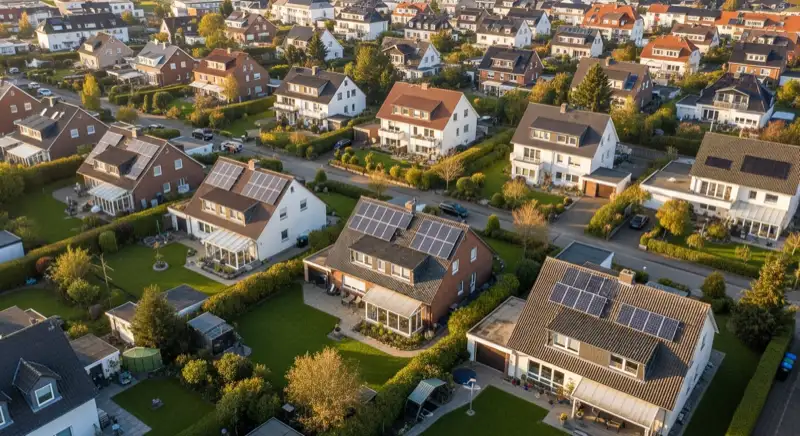 Aerial drone view of typical German residential neighborhood with mixed roof types, red and dark roof tiles, gardens visible, sunny day