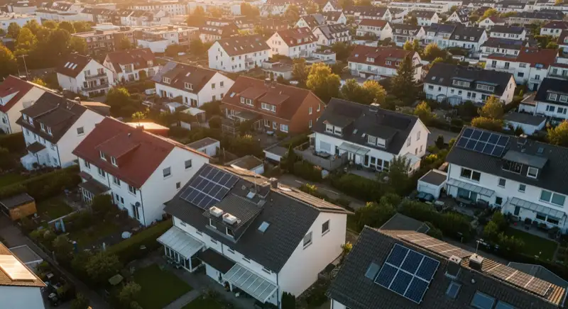 Aerial drone view of typical German residential neighborhood with mixed roof types, red and dark roof tiles, gardens visible, sunny day