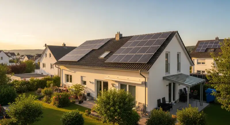 German detached house (Einfamilienhaus) with photovoltaic panels on pitched roof, well-maintained garden, warm afternoon sunlight