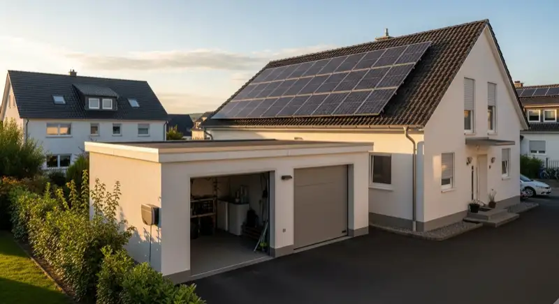 Einfamilienhaus in Koblenz mit PV-Anlage auf dem Dach und Wallbox in der Einfahrt zum Laden des Elektroautos