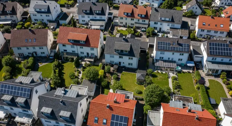 Aerial drone view of typical German residential neighborhood with mixed roof types, red and dark roof tiles, gardens visible, sunny day