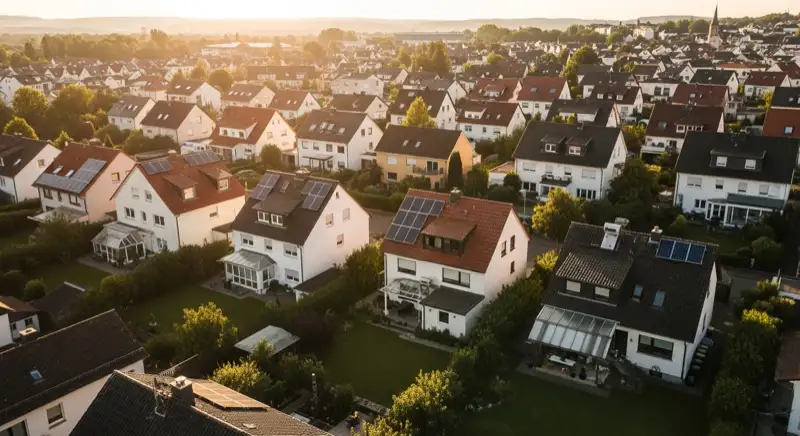 Aerial drone view of typical German residential neighborhood with mixed roof types, red and dark roof tiles, gardens visible, sunny day