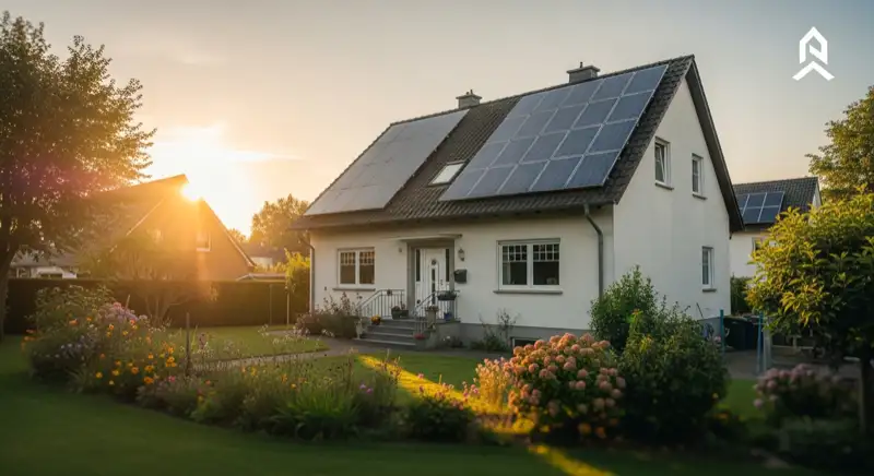 German detached house (Einfamilienhaus) with photovoltaic panels on pitched roof, well-maintained garden, warm afternoon sunlight