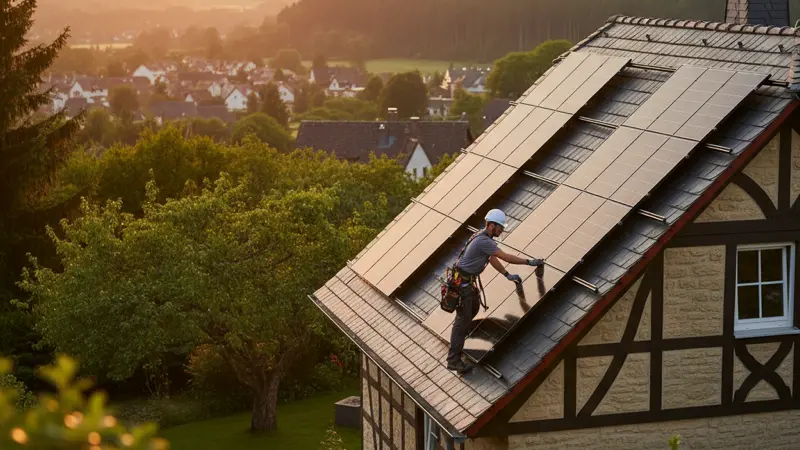 Solarinstallateur bei der Montage auf einem Aachener Dach