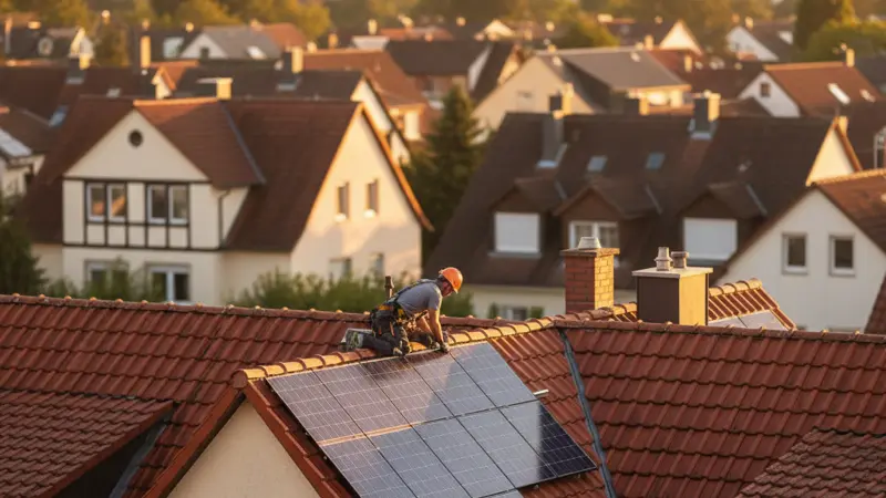 Solarmodule auf einem Aachener Eigenheim, Detailaufnahme