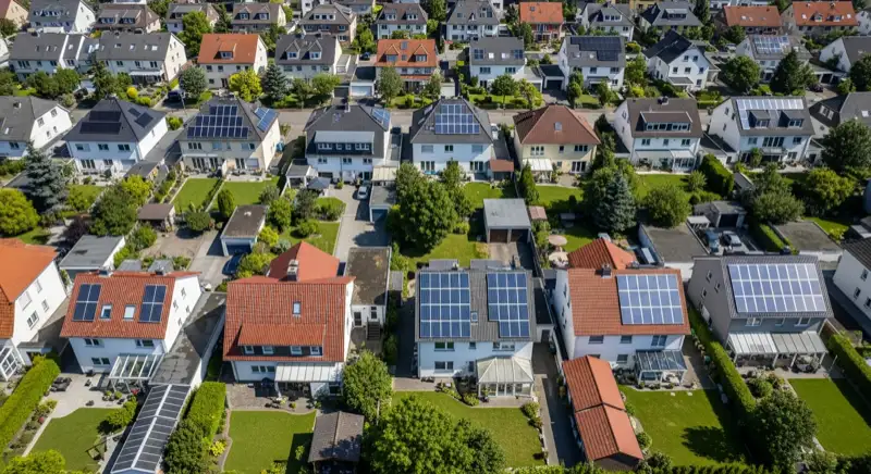 Aerial drone view of typical German residential neighborhood with mixed roof types, red and dark roof tiles, gardens visible, sunny day