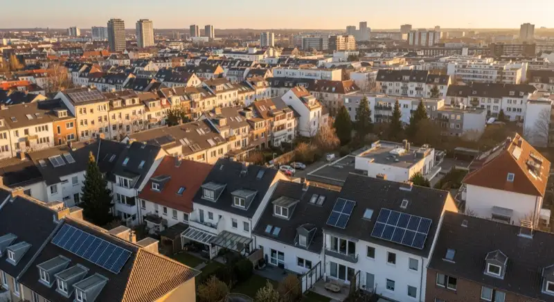 Aerial drone view of typical German residential neighborhood with mixed roof types, red and dark roof tiles, gardens visible, sunny day