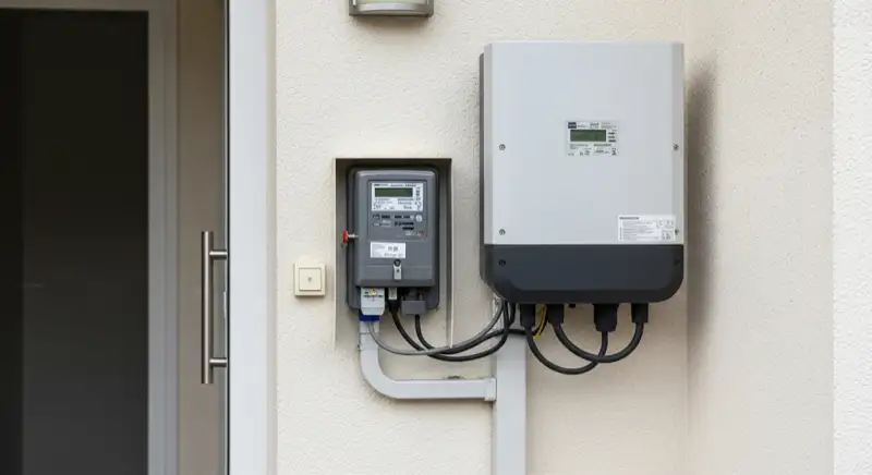 Modern German electrical meter cabinet (Zählerschrank) with smart meter and solar inverter connection, clean technical installation