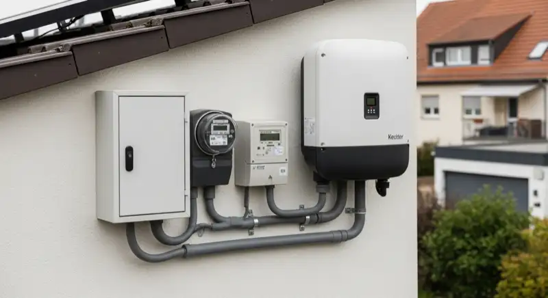 Modern German electrical meter cabinet (Zählerschrank) with smart meter and solar inverter connection, clean technical installation