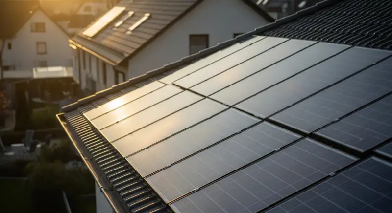 Close-up of photovoltaic solar panels installed on a traditional German Satteldach (gabled roof), blue sky with some clouds