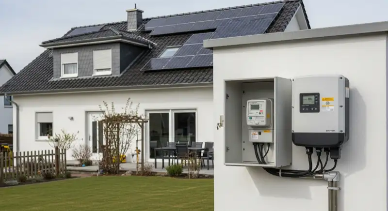Modern German electrical meter cabinet (Zählerschrank) with smart meter and solar inverter connection, clean technical installation