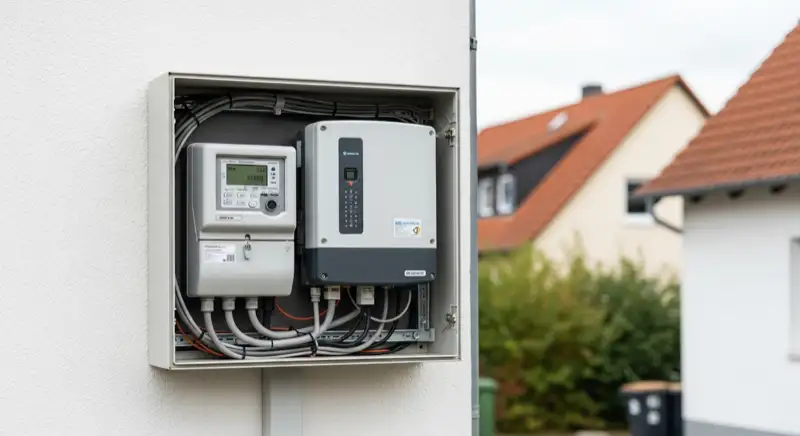 Modern German electrical meter cabinet (Zählerschrank) with smart meter and solar inverter connection, clean technical installation