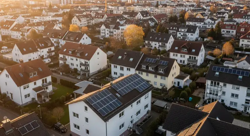 Aerial drone view of typical German residential neighborhood with mixed roof types, red and dark roof tiles, gardens visible, sunny day