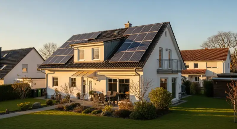German detached house (Einfamilienhaus) with photovoltaic panels on pitched roof, well-maintained garden, warm afternoon sunlight