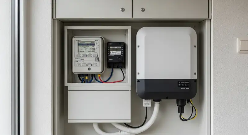 Modern German electrical meter cabinet (Zählerschrank) with smart meter and solar inverter connection, clean technical installation