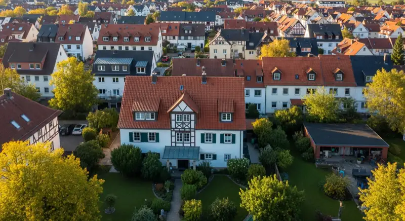 Aerial drone view of typical German residential neighborhood with mixed roof types, red and dark roof tiles, gardens visible, sunny day