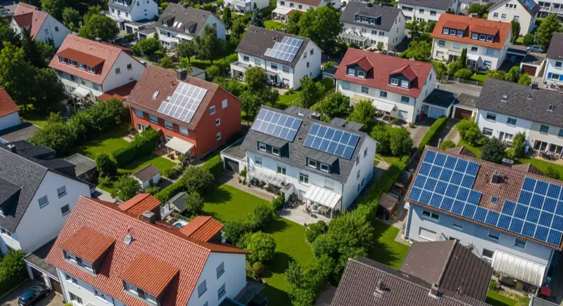 Aerial drone view of typical German residential neighborhood with mixed roof types, red and dark roof tiles, gardens visible, sunny day