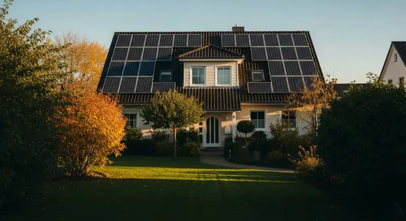 German detached house (Einfamilienhaus) with photovoltaic panels on pitched roof, well-maintained garden, warm afternoon sunlight