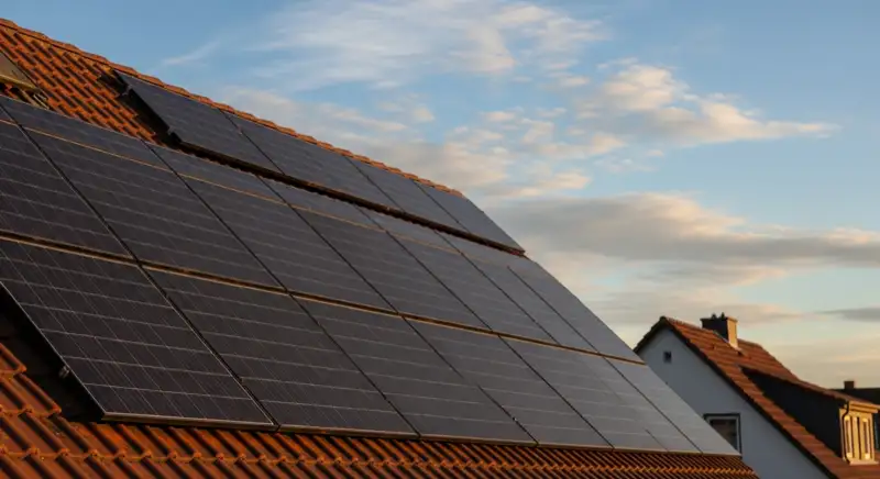 Close-up of photovoltaic solar panels installed on a traditional German Satteldach (gabled roof), blue sky with some clouds