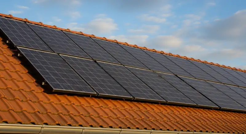 Close-up of photovoltaic solar panels installed on a traditional German Satteldach (gabled roof), blue sky with some clouds