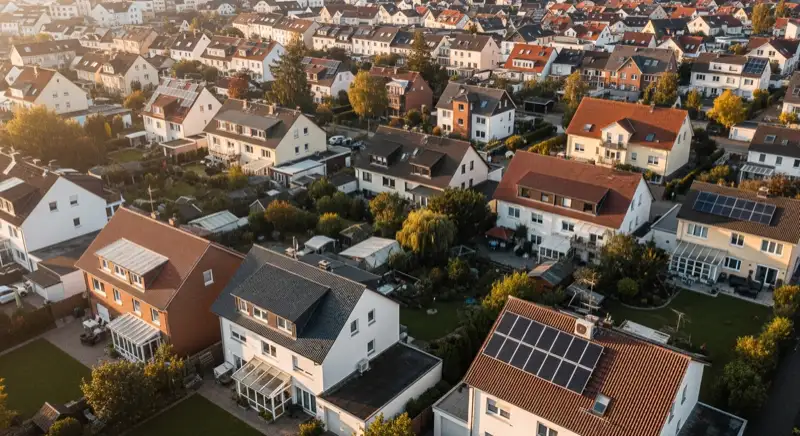 Aerial drone view of typical German residential neighborhood with mixed roof types, red and dark roof tiles, gardens visible, sunny day