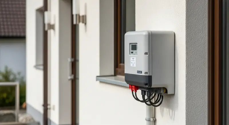 Modern German electrical meter cabinet (Zählerschrank) with smart meter and solar inverter connection, clean technical installation