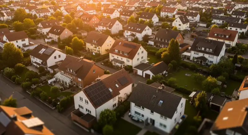 Aerial drone view of typical German residential neighborhood with mixed roof types, red and dark roof tiles, gardens visible, sunny day