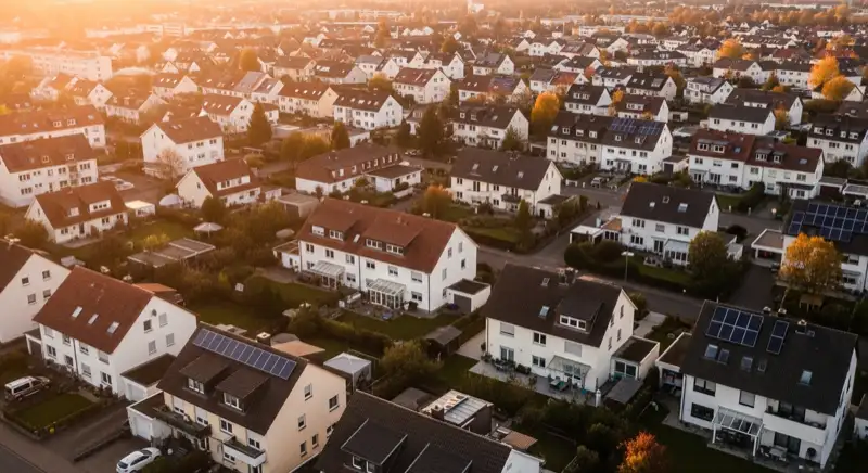 Aerial drone view of typical German residential neighborhood with mixed roof types, red and dark roof tiles, gardens visible, sunny day