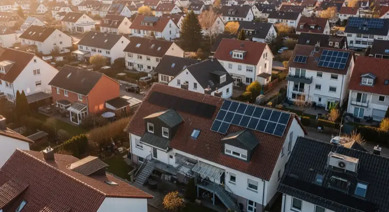 Aerial drone view of typical German residential neighborhood with mixed roof types, red and dark roof tiles, gardens visible, sunny day