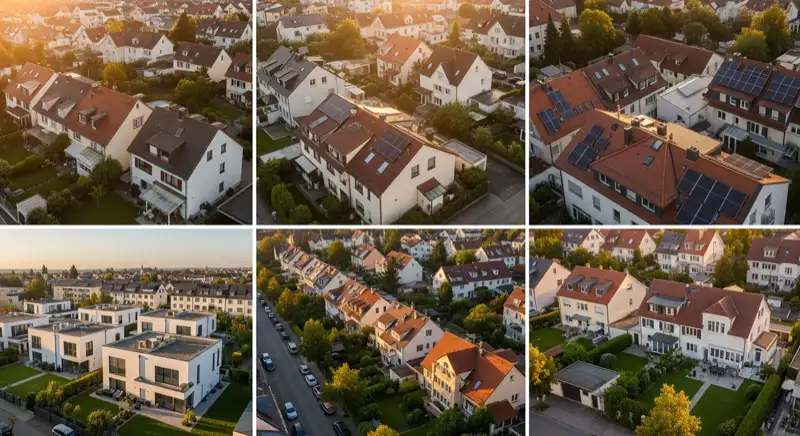 Wohngebiete in Augsburg mit verschiedenen Bauformen, typische Einfamilienhäuser und Dachstrukturen aus der Luft