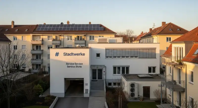 Blick auf das Stadtwerke-Gebäude in Augsburg mit Service-Eingang, lokale Versorgeratmosphäre