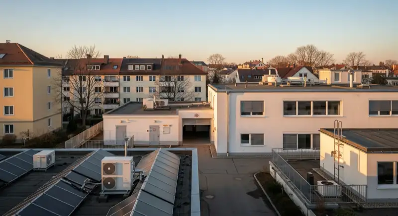 Blick auf das Stadtwerke-Gebäude in Augsburg mit Service-Eingang, lokale Versorgeratmosphäre