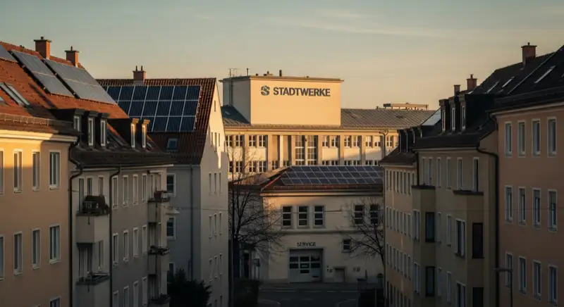 Blick auf das Stadtwerke-Gebäude in Augsburg mit Service-Eingang, lokale Versorgeratmosphäre