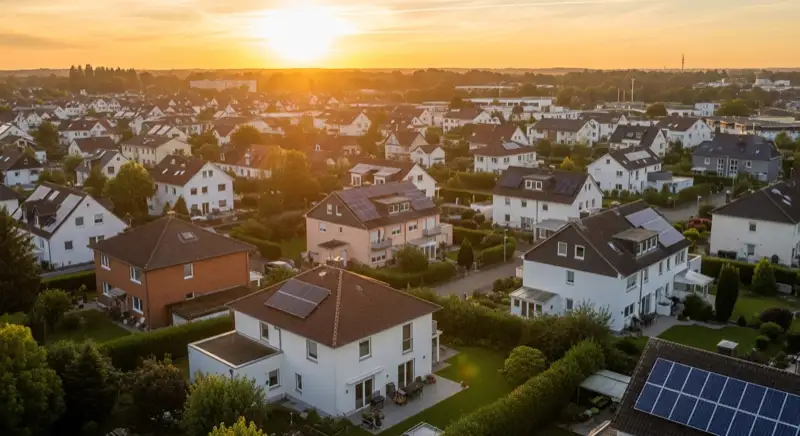 Aerial drone view of typical German residential neighborhood with mixed roof types, red and dark roof tiles, gardens visible, sunny day