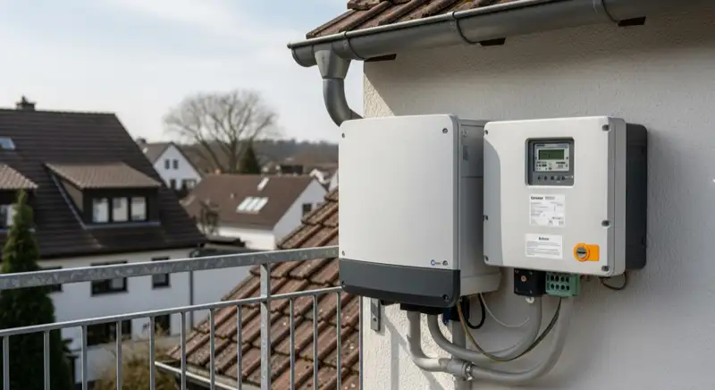 Modern German electrical meter cabinet (Zählerschrank) with smart meter and solar inverter connection, clean technical installation