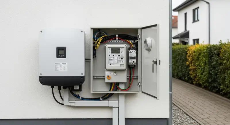Modern German electrical meter cabinet (Zählerschrank) with smart meter and solar inverter connection, clean technical installation