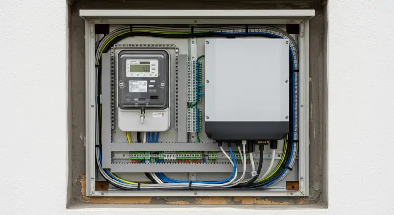 Modern German electrical meter cabinet (Zählerschrank) with smart meter and solar inverter connection, clean technical installation