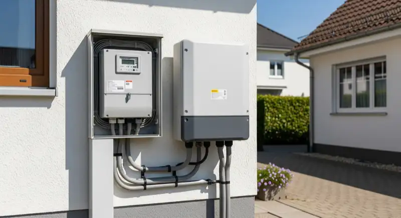 Modern German electrical meter cabinet (Zählerschrank) with smart meter and solar inverter connection, clean technical installation