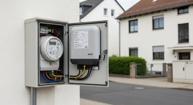 Modern German electrical meter cabinet (Zählerschrank) with smart meter and solar inverter connection, clean technical installation