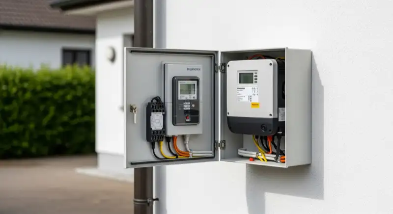 Modern German electrical meter cabinet (Zählerschrank) with smart meter and solar inverter connection, clean technical installation
