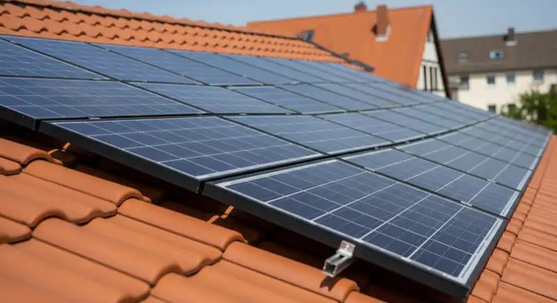 Nahaufnahme sauber montierter Photovoltaikmodule auf einem deutschen Satteldach
