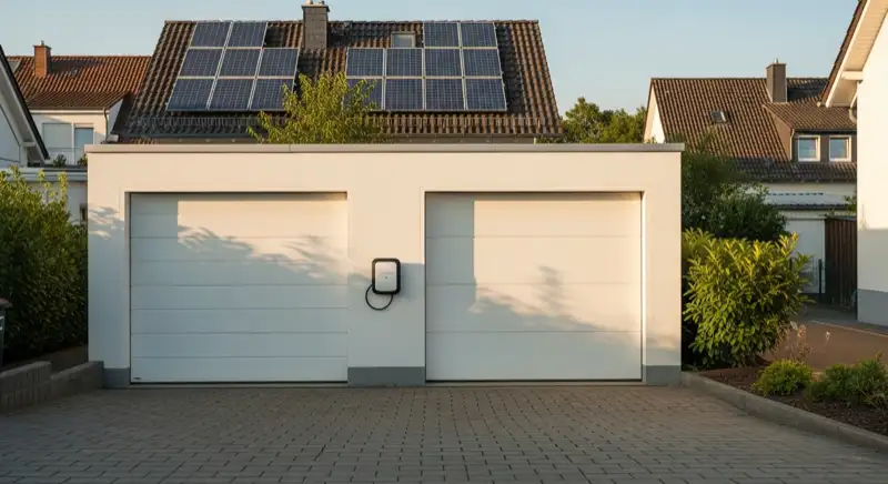 Garage eines Wohnhauses in Bad Honnef mit Wallbox und Photovoltaikdach im Hintergrund