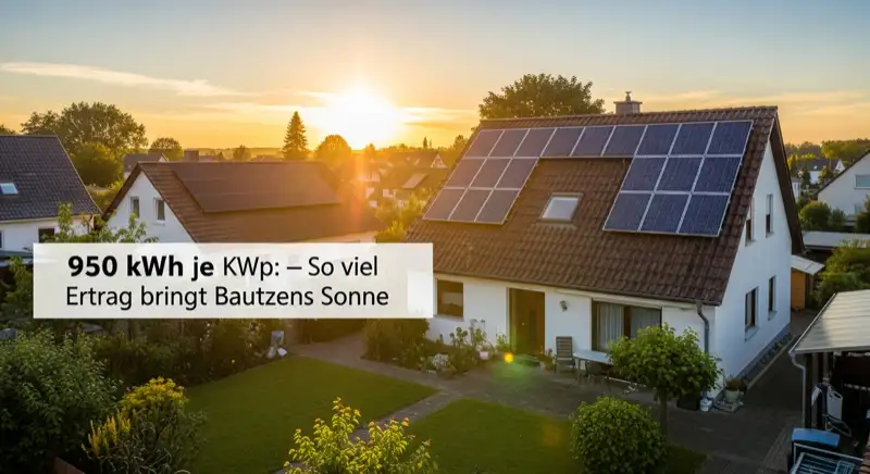 German detached house (Einfamilienhaus) with photovoltaic panels on pitched roof, well-maintained garden, warm afternoon sunlight