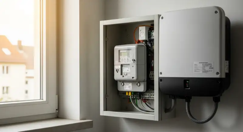 Modern German electrical meter cabinet (Zählerschrank) with smart meter and solar inverter connection, clean technical installation