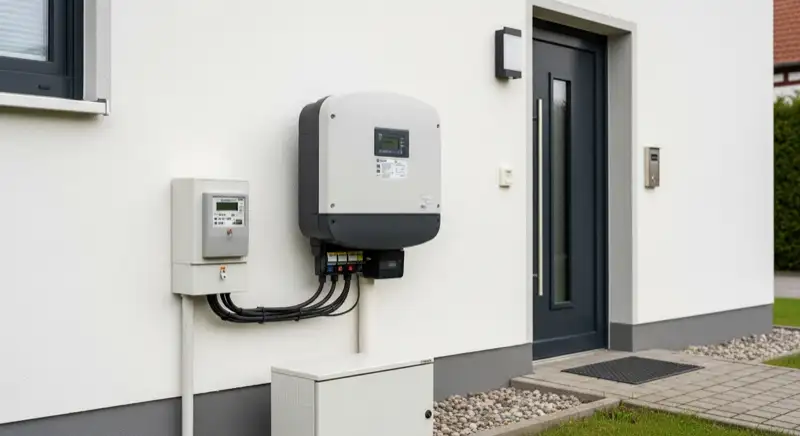 Modern German electrical meter cabinet (Zählerschrank) with smart meter and solar inverter connection, clean technical installation