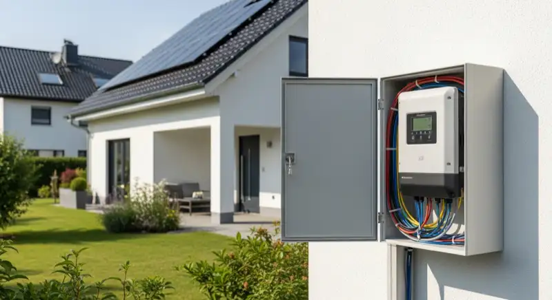 Modern German electrical meter cabinet (Zählerschrank) with smart meter and solar inverter connection, clean technical installation