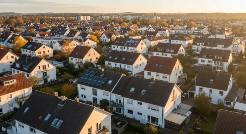 Aerial drone view of typical German residential neighborhood with mixed roof types, red and dark roof tiles, gardens visible, sunny day