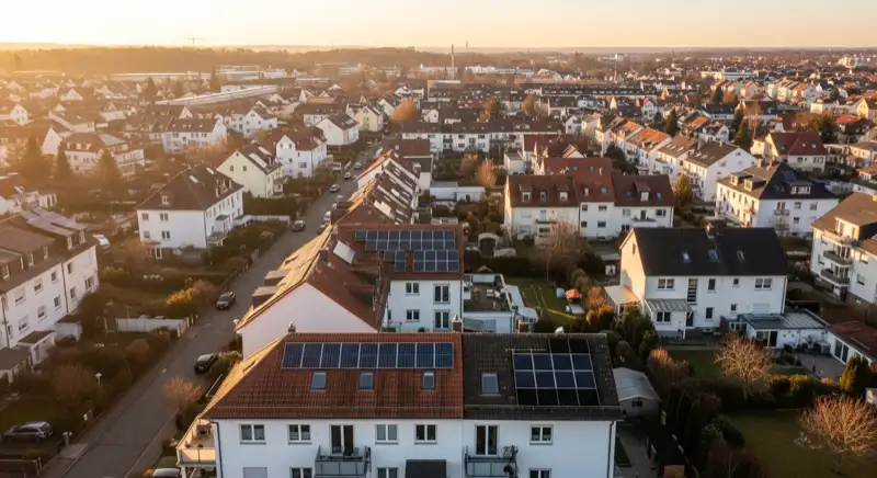 Aerial drone view of typical German residential neighborhood with mixed roof types, red and dark roof tiles, gardens visible, sunny day